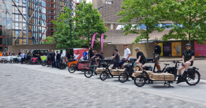 Cargo bike couriers parked outside the Tate Modern, London
