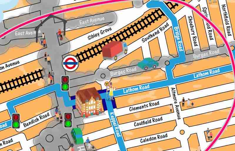 Example of a walking map showing less polluted routes to walk.