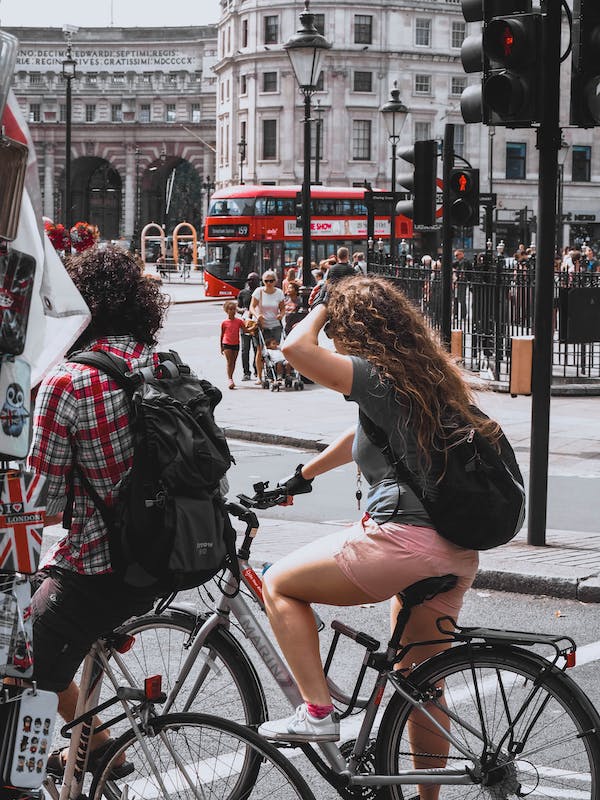 Cargo bikes cycling in Bank, London.